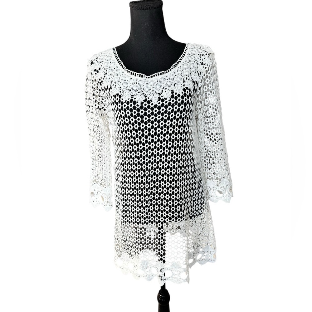 White Crochet Lace Bridal Tunic Bachelorette Beach Bride Honeymoon Cover Up S - Picture 2 of 8